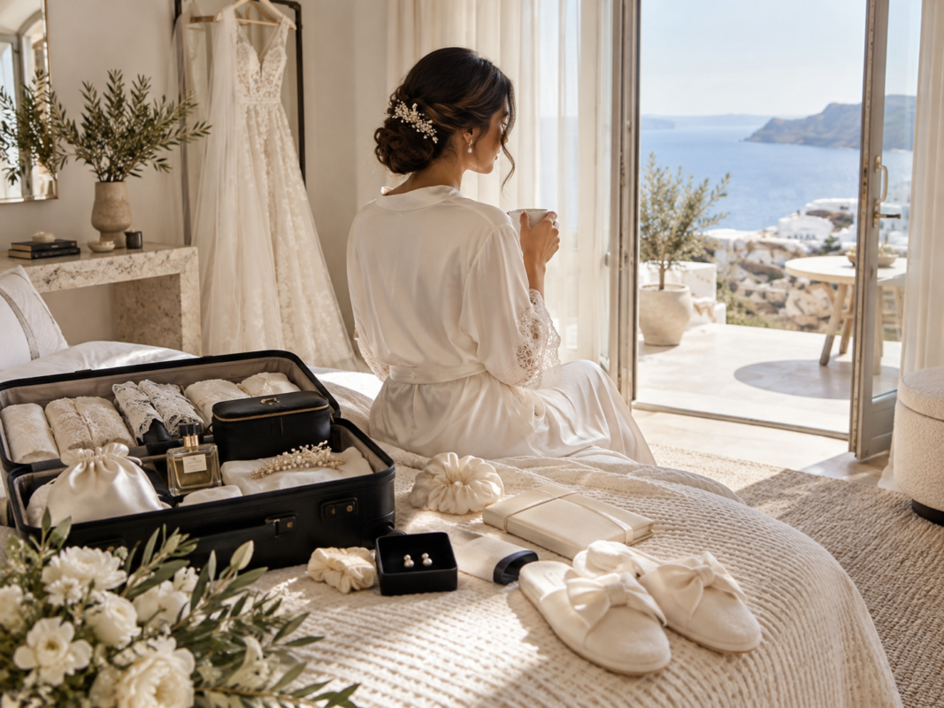 Νύφη με κομψή ρόμπα και οργανωμένη bridal βαλίτσα