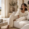 Κομψό γυναικείο homewear σε φωτεινό μεσογειακό καθιστικό