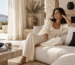 Κομψό γυναικείο homewear σε φωτεινό μεσογειακό καθιστικό